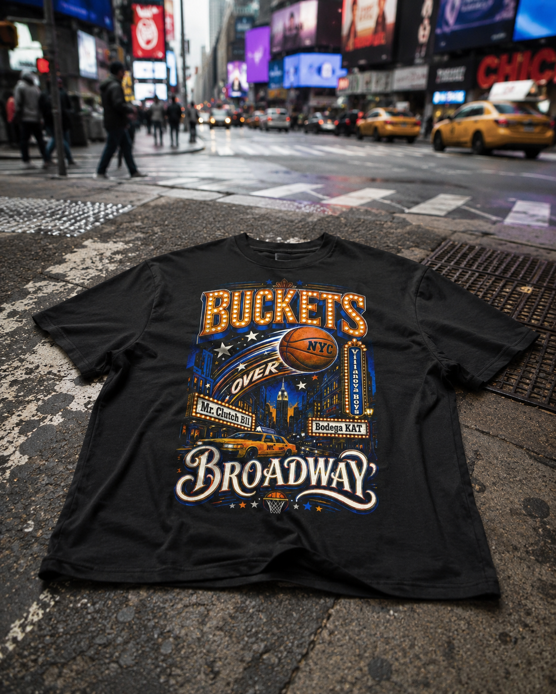 Buckets Over Broadway NYC Basketball - Streetwear Loose Drop Shoulder T-Shirt