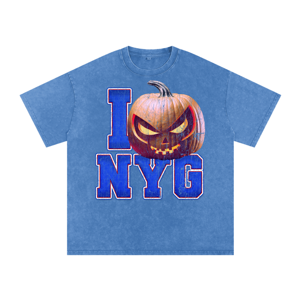 I NY Pumpkin — New York (Blue) Halloween Oversized Distressed Tee (90s Bootleg)