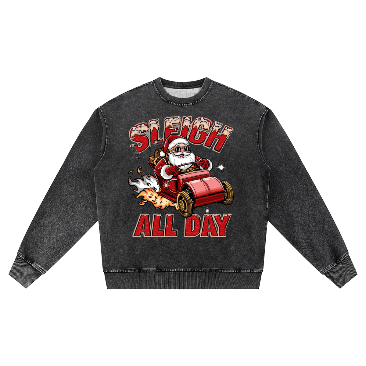 Front/product view of Sleigh All Day – Snow Wash Oversized Crewneck Sweatshirt (Unisex graphic sweatshirt