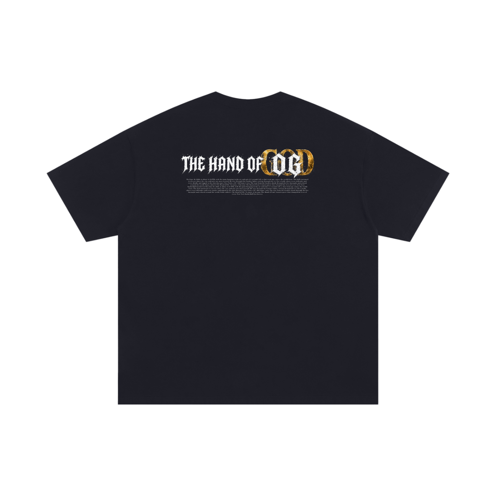 Back/detail view of Hand of OG Heavenly Anime Art Unisex Oversized Cotton T-Shirt graphic T-shirt