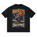Front/product view of Buckets Over Broadway NYC Basketball graphic T-shirt