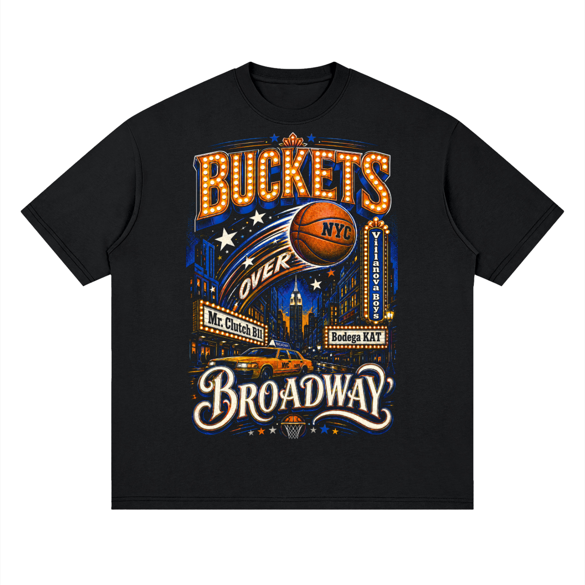 Front/product view of Buckets Over Broadway NYC Basketball graphic T-shirt