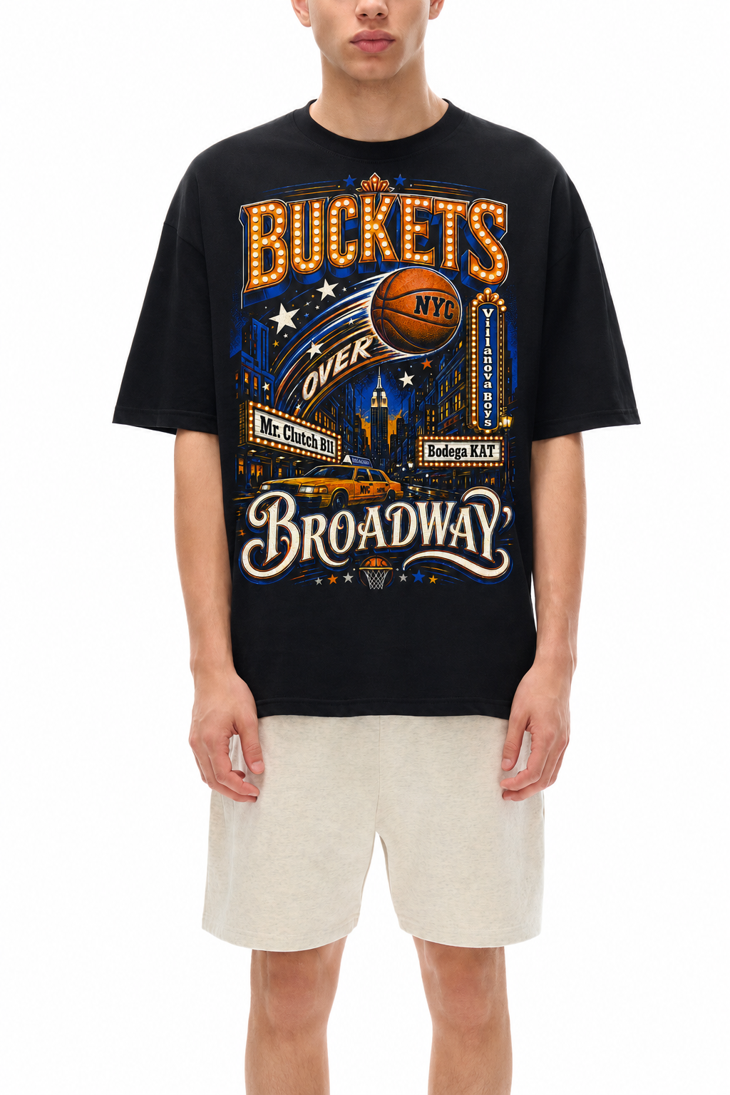 Buckets Over Broadway NYC Basketball - Streetwear Loose Drop Shoulder T-Shirt
