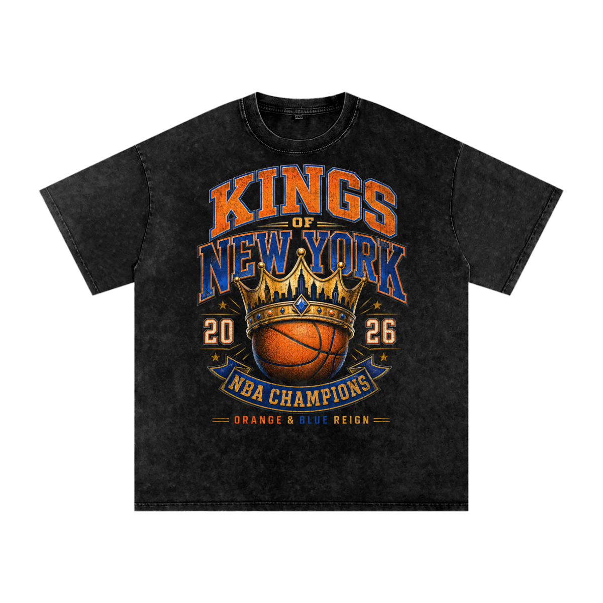 Front/product view of Kings of New York 2026 Orange & Blue Reign Vintage Washed Oversized graphic T-shirt