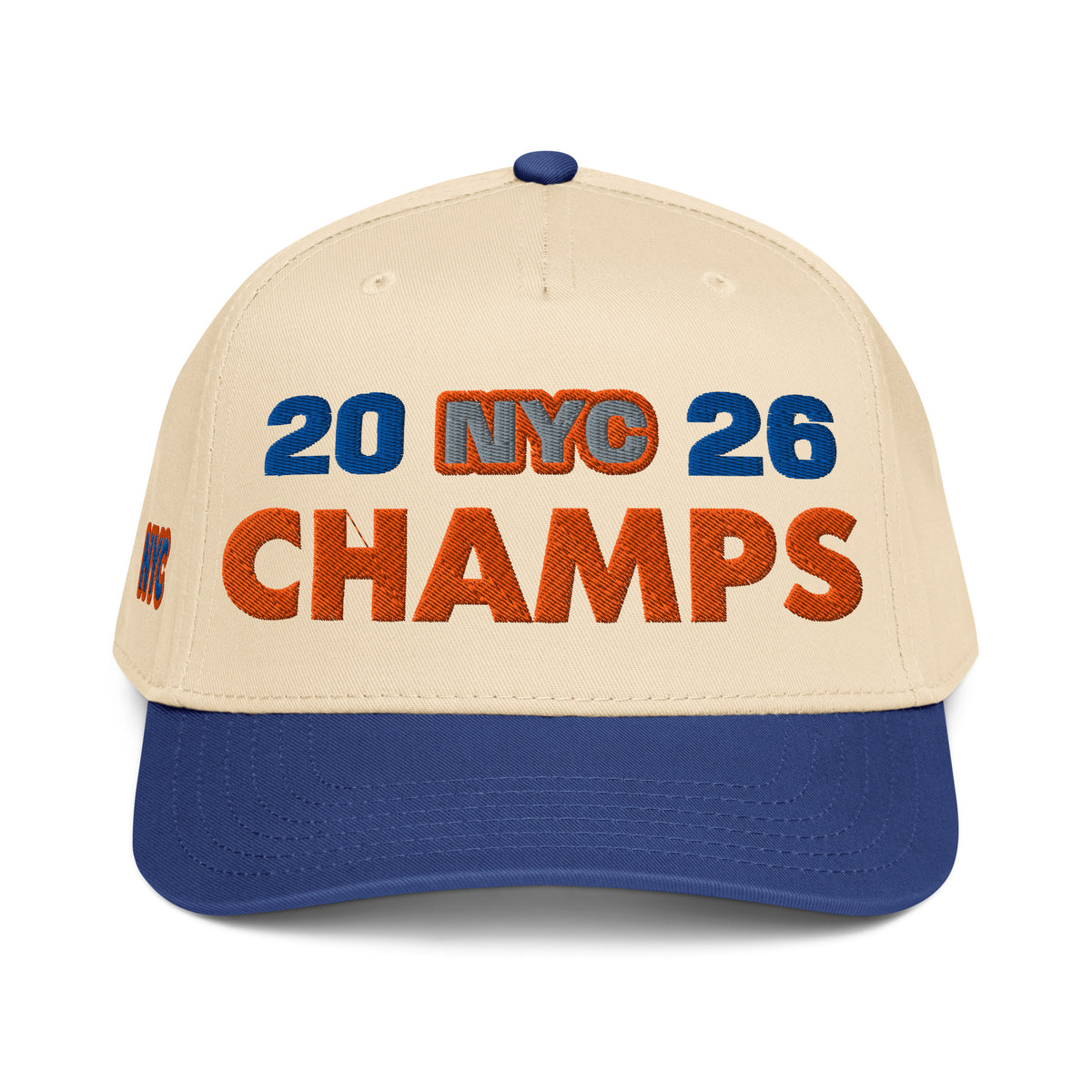 Front/product view of NYC 2026 Champs 5 Panel Baseball Cap hat