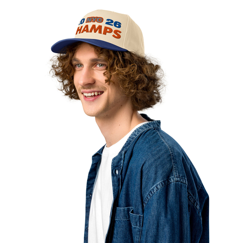 Back/detail view of NYC 2026 Champs 5 Panel Baseball Cap hat