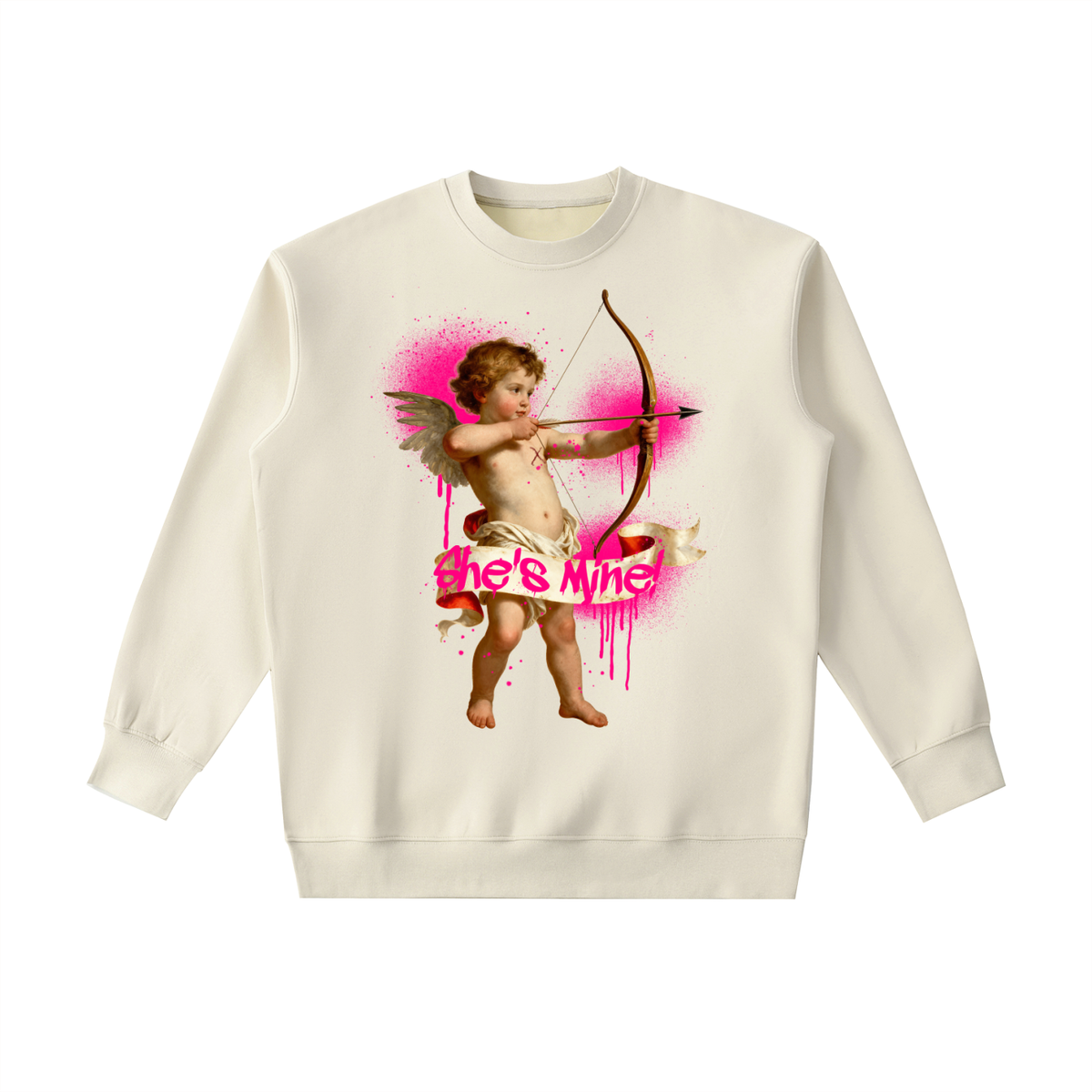 Back/detail view of She’s Mine Crewneck Sweatshirt — Cupid Arrow Point Aims graphic sweatshirt