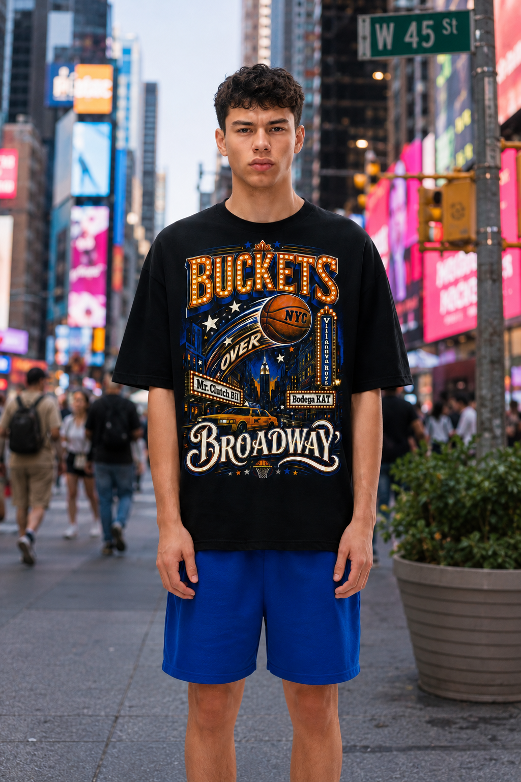 Buckets Over Broadway NYC Basketball - Streetwear Loose Drop Shoulder T-Shirt