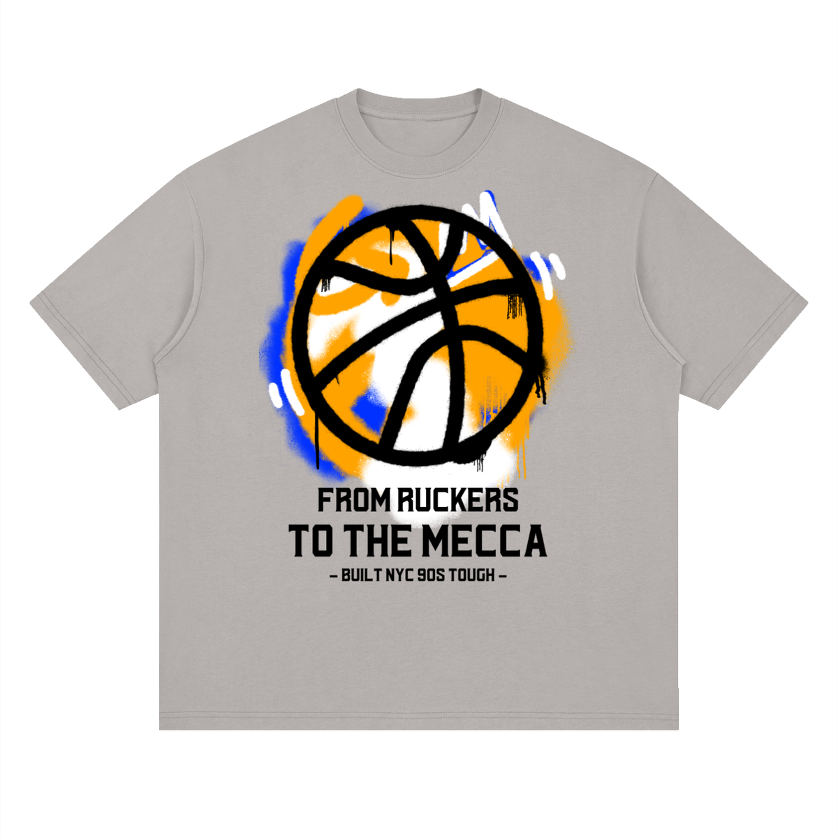Front/product view of Ruckers to the Mecca Graffiti Basketball graphic T-shirt