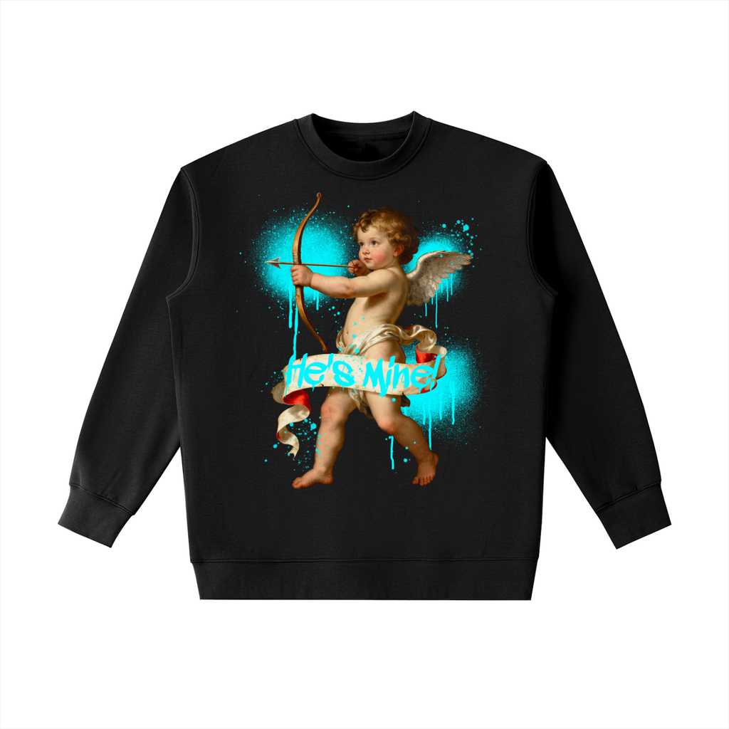 Front/product view of He’s Mine Crewneck Sweatshirt — Cupid Arrow Aims graphic sweatshirt