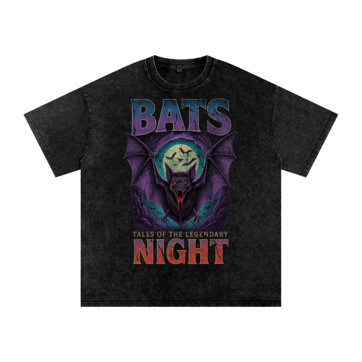 Front/product view of Bats 90s Bootleg Vintage Oversized T-Shirt – Night Horror Streetwear graphic T-shirt