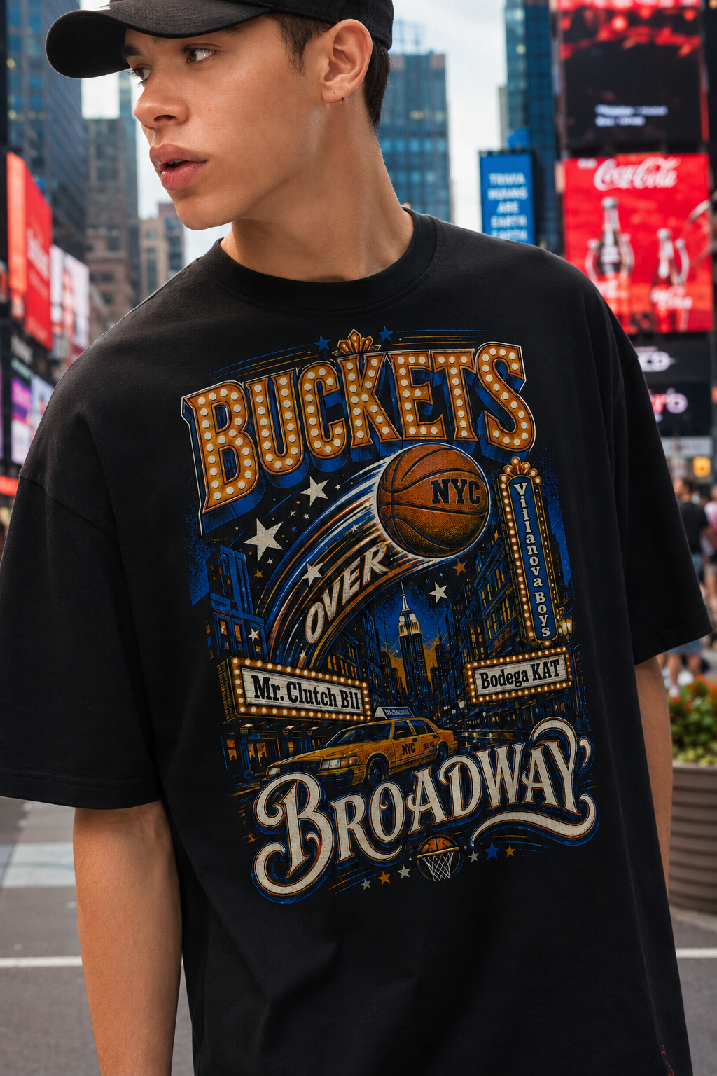 Buckets Over Broadway NYC Basketball - Streetwear Loose Drop Shoulder T-Shirt