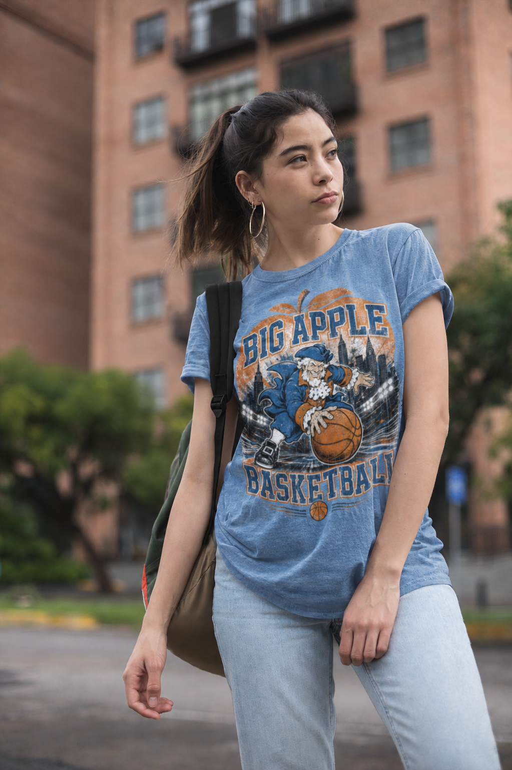 Big Apple Basketball Vintage NYC Retro Mascot Tee - Snow Washed Oversized Cotton T-Shirt