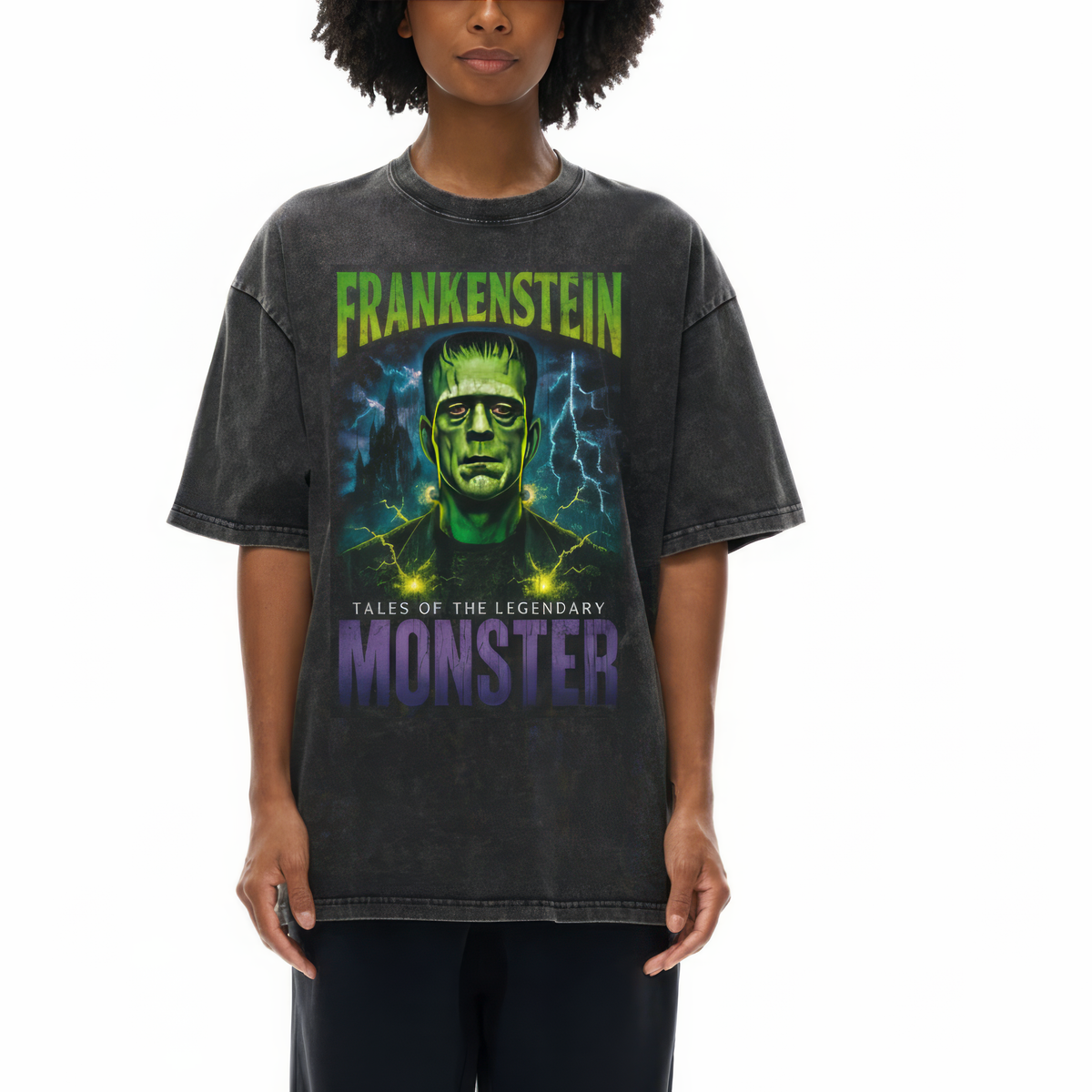 Back/detail view of Frankenstein’s Monster 90s Bootleg Vintage Oversized T-Shirt graphic T-shirt