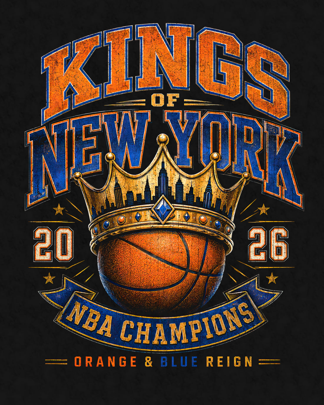 Kings of New York 2026 Orange & Blue Reign Vintage Washed Oversized Cotton T-Shirt