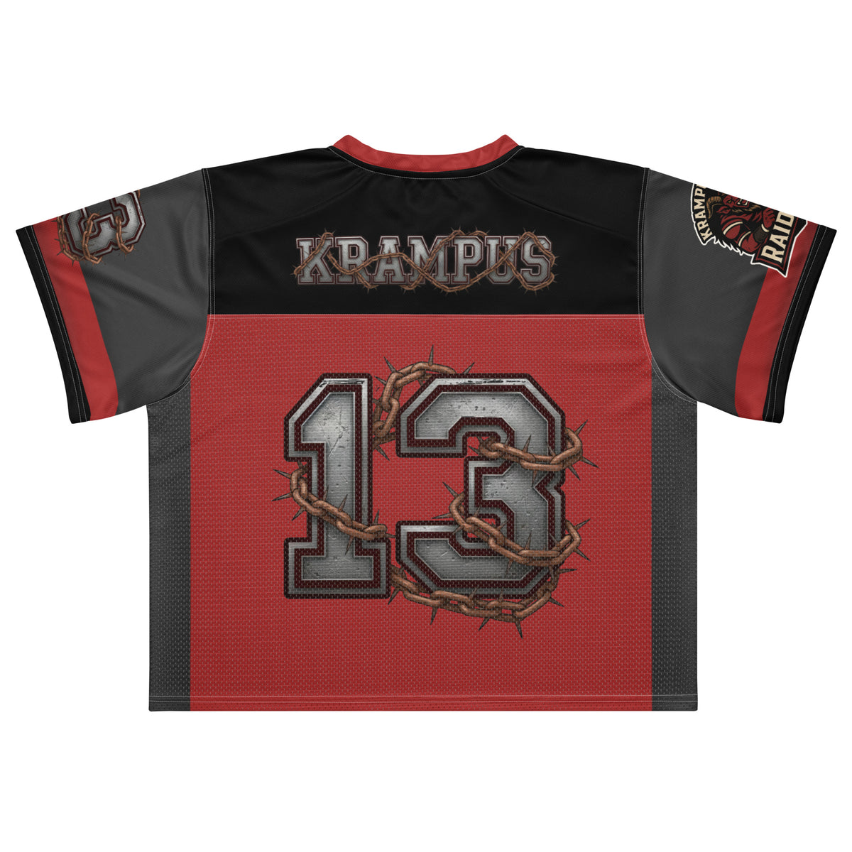 Back/detail view of Krampus Night Raiders “13” — Boxy Football Jersey (Holiday Football graphic jersey