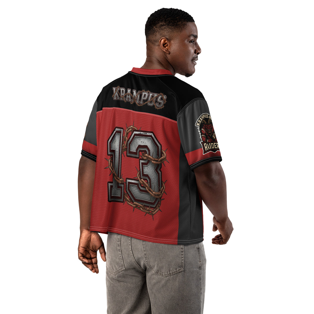 Back/detail view of Krampus Night Raiders “13” — Boxy Football Jersey (Holiday Football graphic jersey