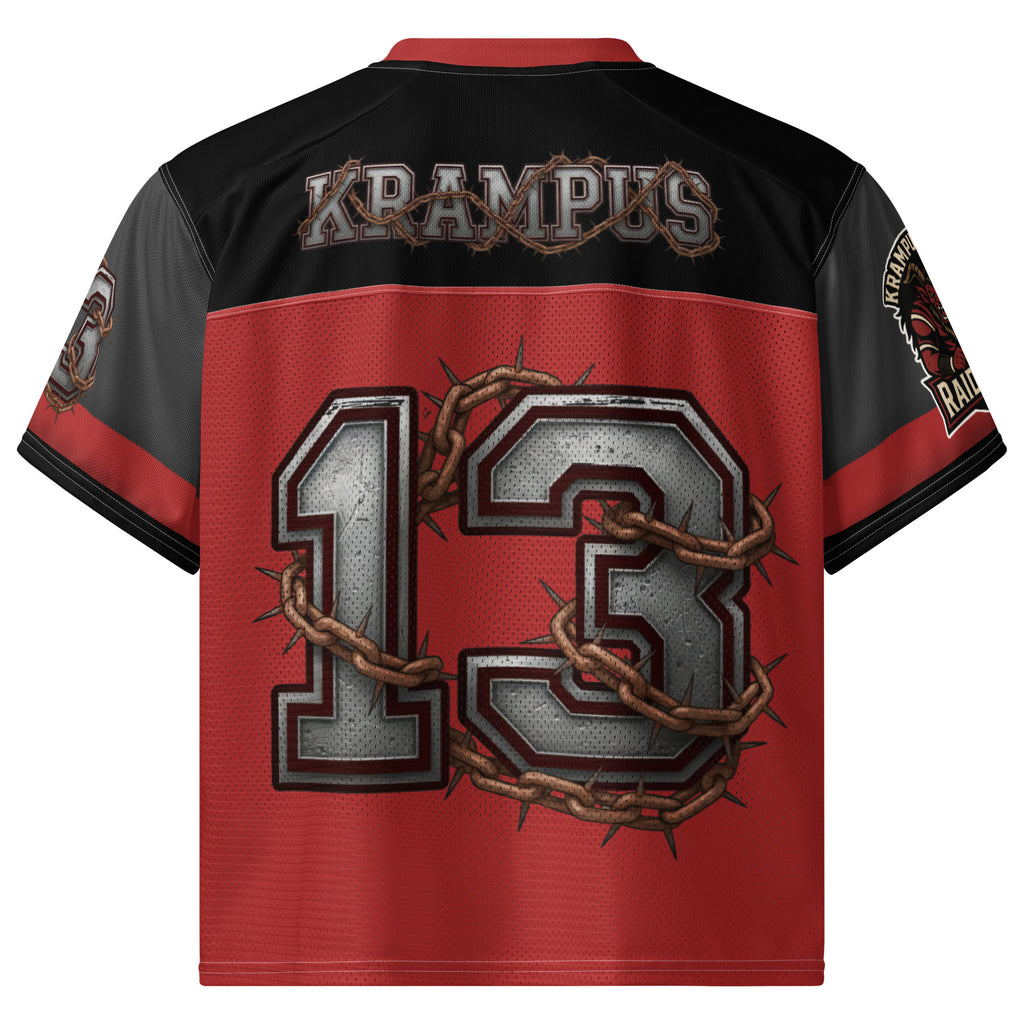 Back/detail view of Krampus Night Raiders “13” — Boxy Football Jersey (Holiday Football graphic jersey