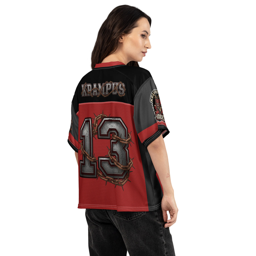 Back/detail view of Krampus Night Raiders “13” — Boxy Football Jersey (Holiday Football graphic jersey