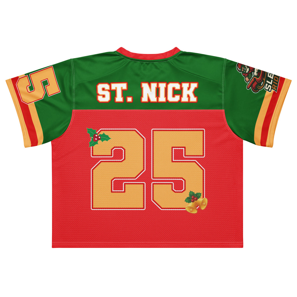 Back/detail view of Sleigh Riders “25 – ST. NICK” – Boxy Football Jersey (Street Sport graphic jersey