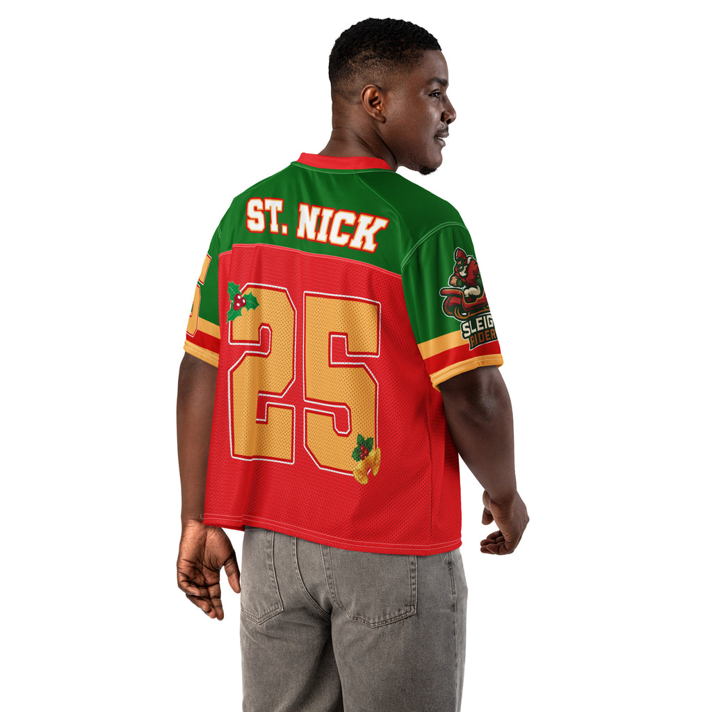Back/detail view of Sleigh Riders “25 – ST. NICK” – Boxy Football Jersey (Street Sport graphic jersey