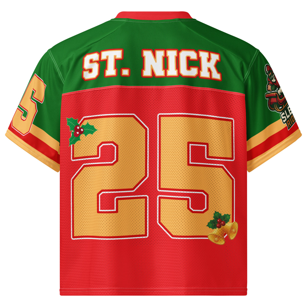 Back/detail view of Sleigh Riders “25 – ST. NICK” – Boxy Football Jersey (Street Sport graphic jersey