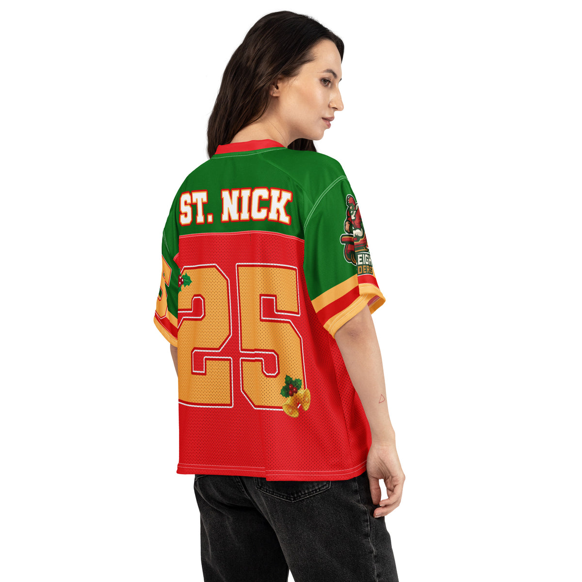 Back/detail view of Sleigh Riders “25 – ST. NICK” – Boxy Football Jersey (Street Sport graphic jersey