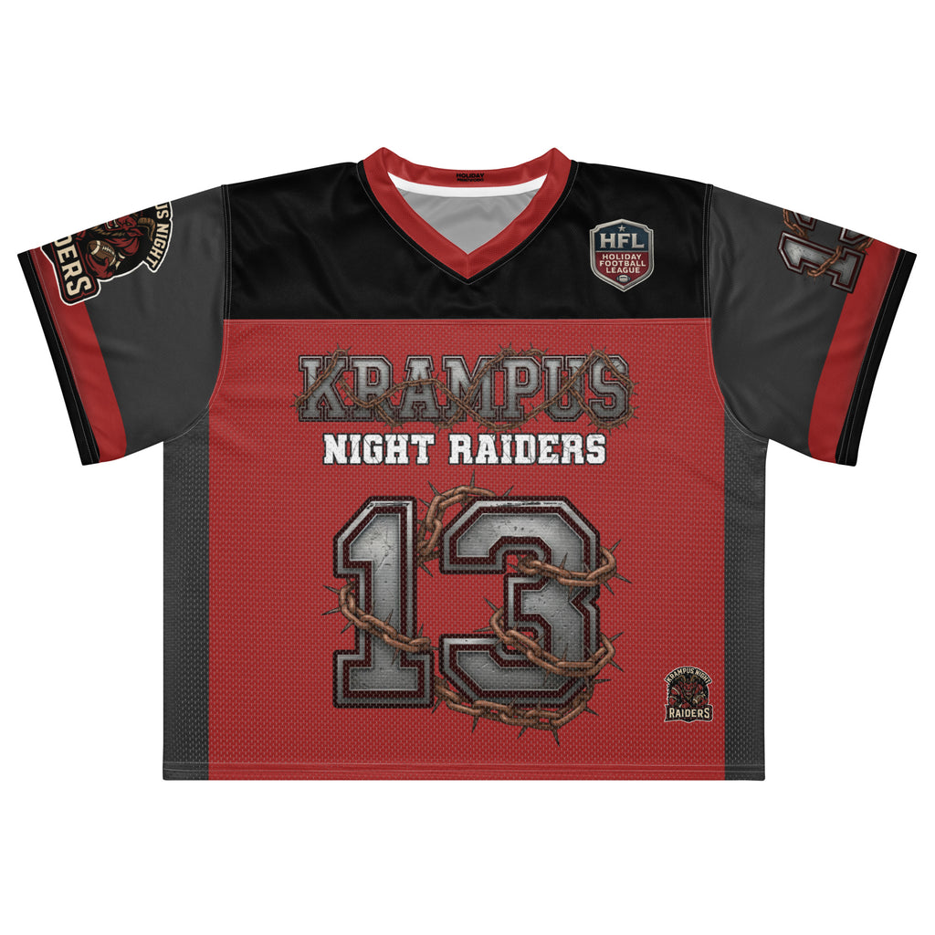 Back/detail view of Krampus Night Raiders “13” — Boxy Football Jersey (Holiday Football graphic jersey