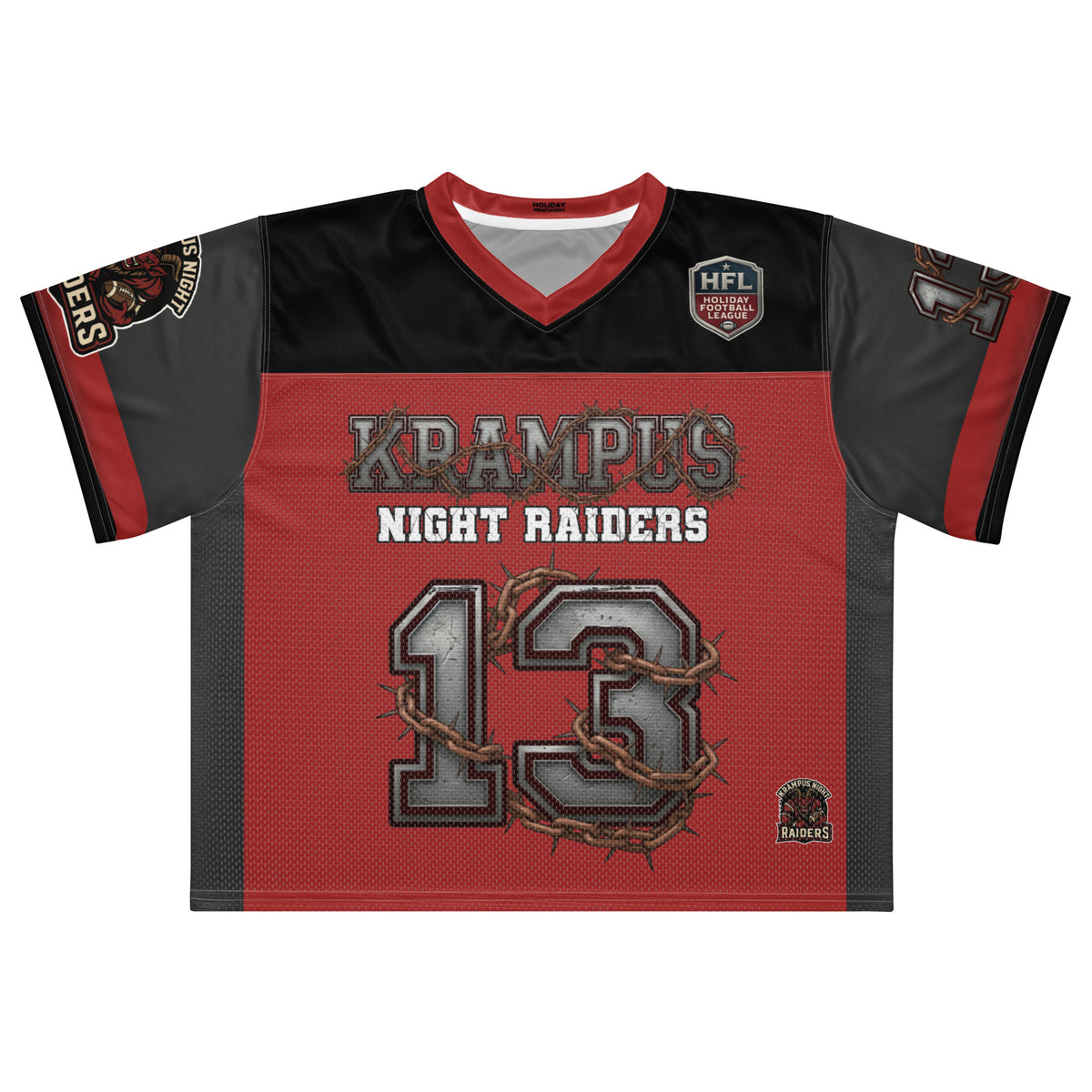 Back/detail view of Krampus Night Raiders “13” — Boxy Football Jersey (Holiday Football graphic jersey