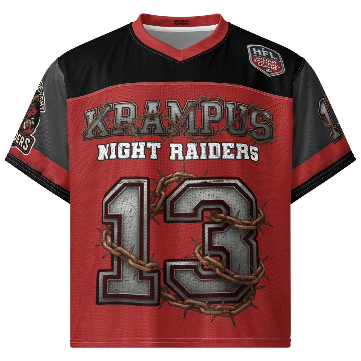 Front/product view of Krampus Night Raiders “13” — Boxy Football Jersey (Holiday Football graphic jersey