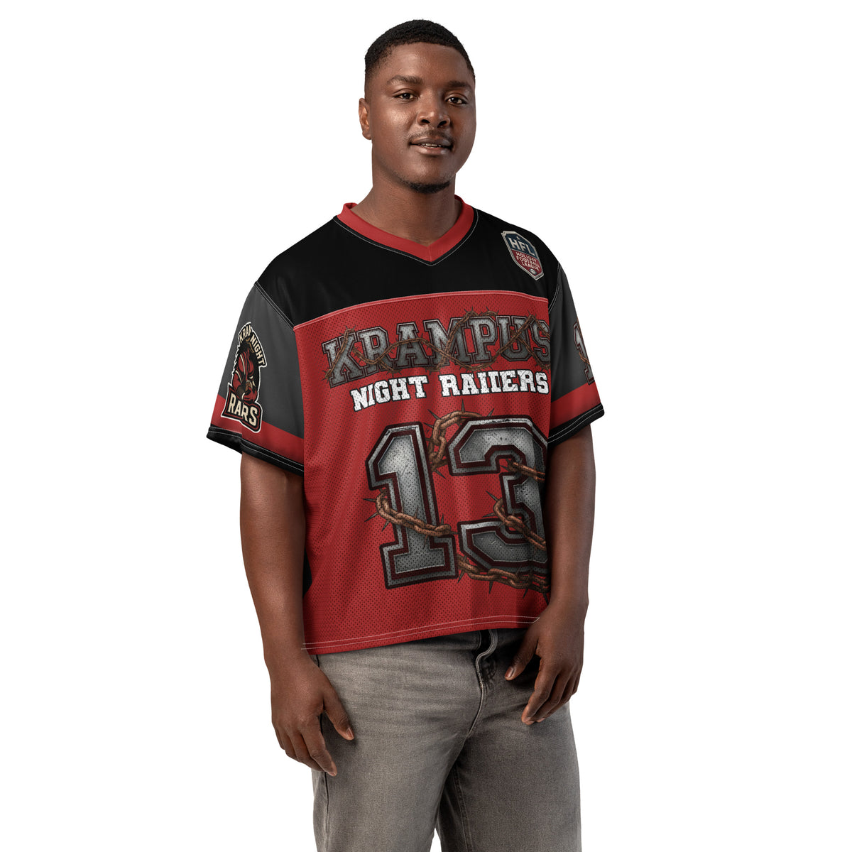 Back/detail view of Krampus Night Raiders “13” — Boxy Football Jersey (Holiday Football graphic jersey