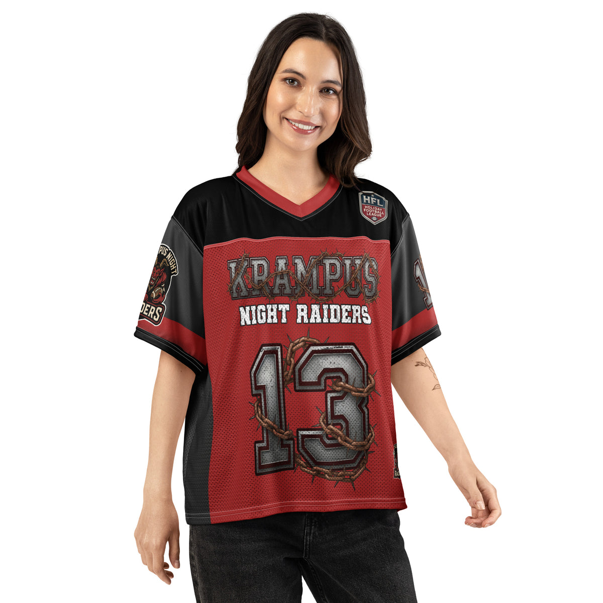 Back/detail view of Krampus Night Raiders “13” — Boxy Football Jersey (Holiday Football graphic jersey