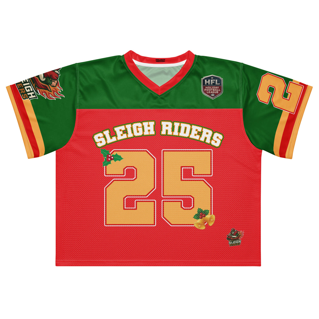 Back/detail view of Sleigh Riders “25 – ST. NICK” – Boxy Football Jersey (Street Sport graphic jersey