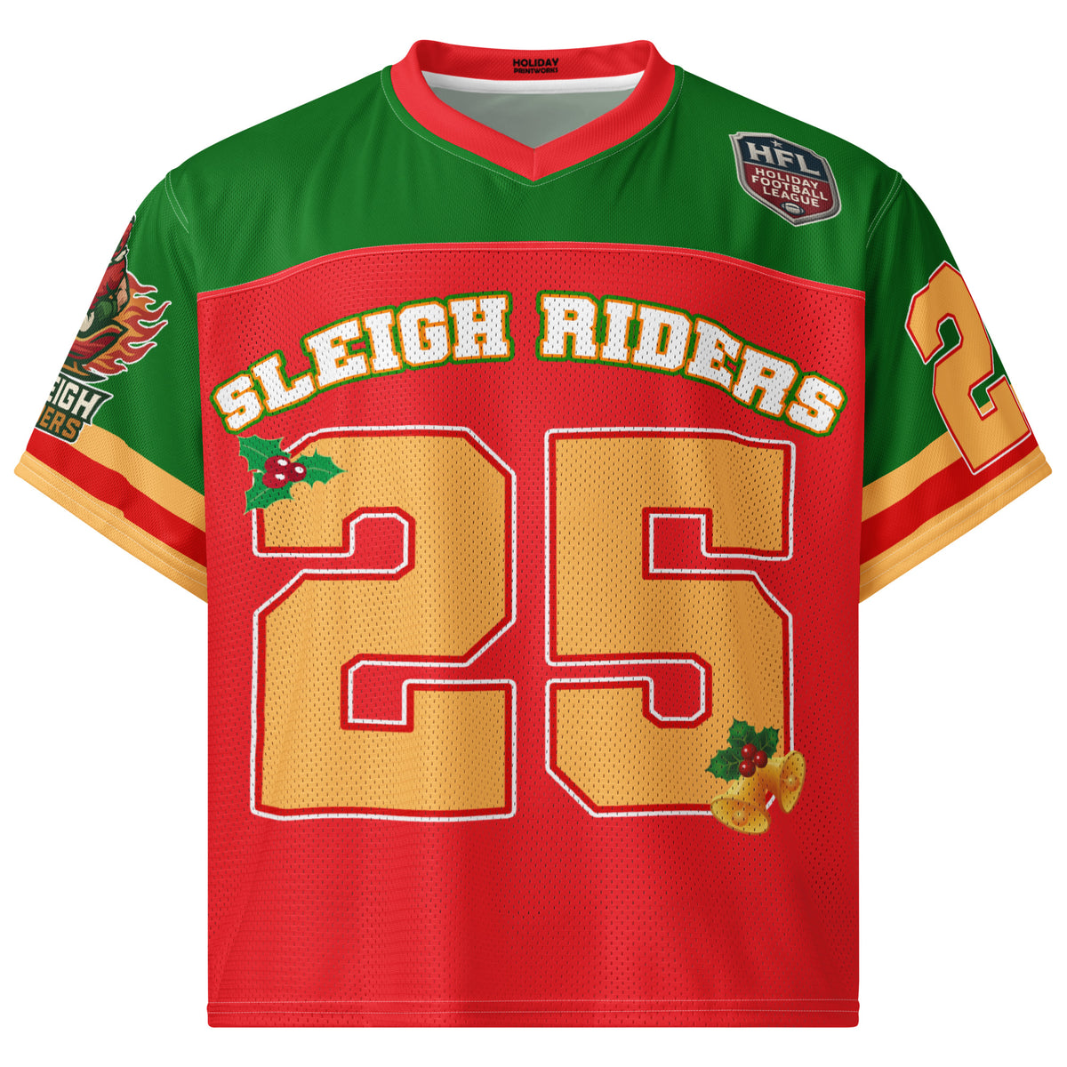 Front/product view of Sleigh Riders “25 – ST. NICK” – Boxy Football Jersey (Street Sport graphic jersey
