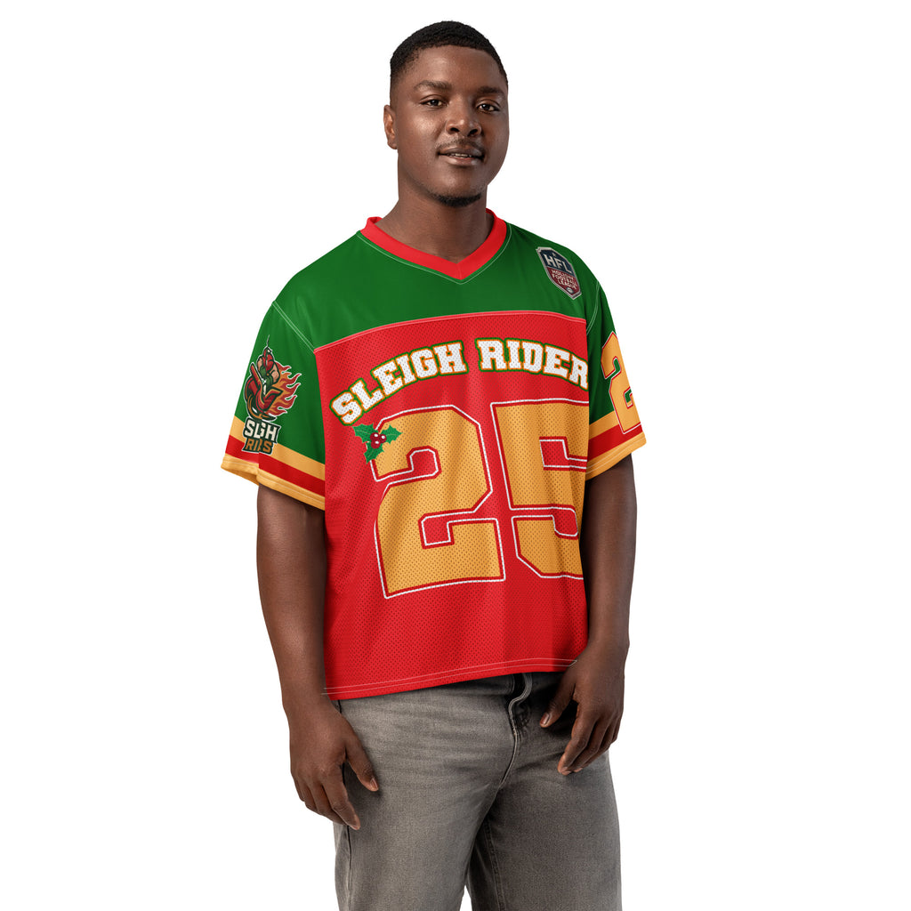 Back/detail view of Sleigh Riders “25 – ST. NICK” – Boxy Football Jersey (Street Sport graphic jersey