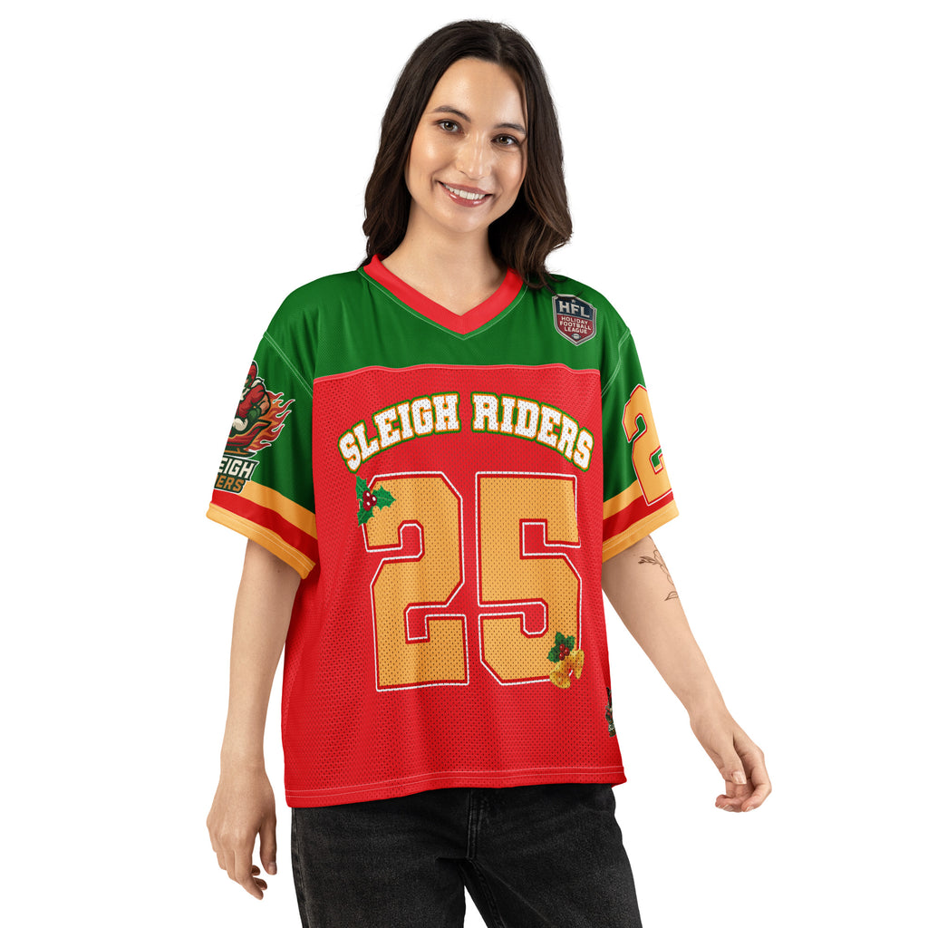 Back/detail view of Sleigh Riders “25 – ST. NICK” – Boxy Football Jersey (Street Sport graphic jersey