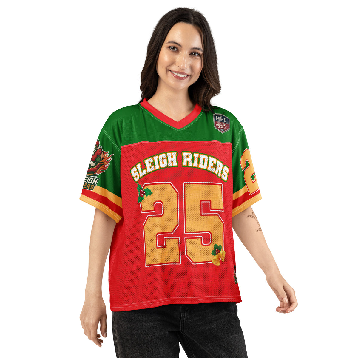 Back/detail view of Sleigh Riders “25 – ST. NICK” – Boxy Football Jersey (Street Sport graphic jersey