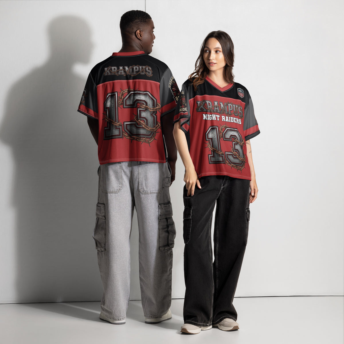 Back/detail view of Krampus Night Raiders “13” — Boxy Football Jersey (Holiday Football graphic jersey