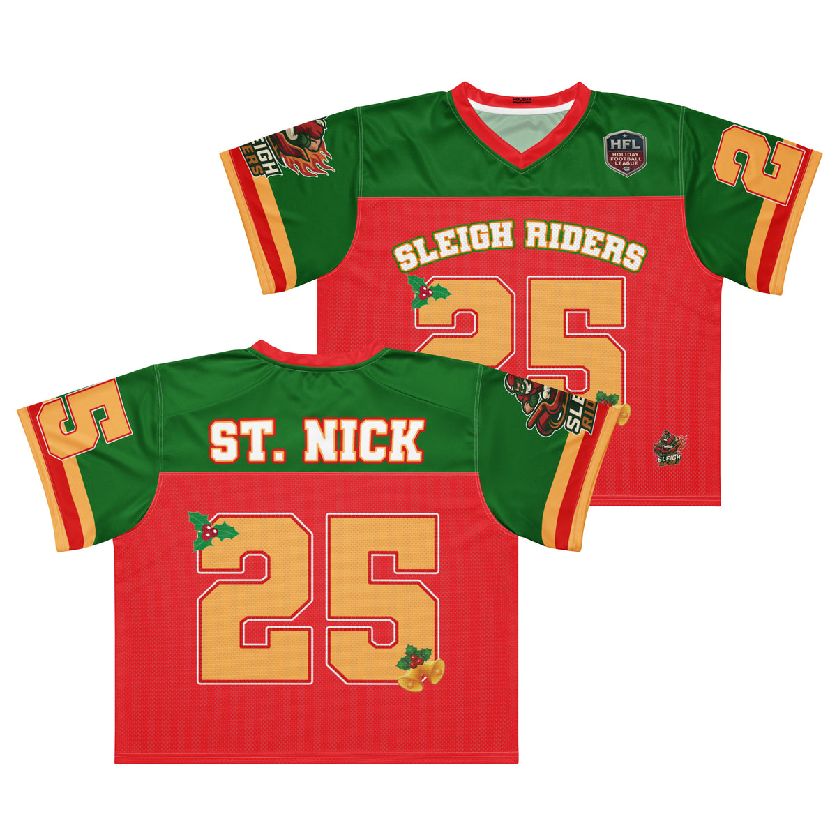 Back/detail view of Sleigh Riders “25 – ST. NICK” – Boxy Football Jersey (Street Sport graphic jersey