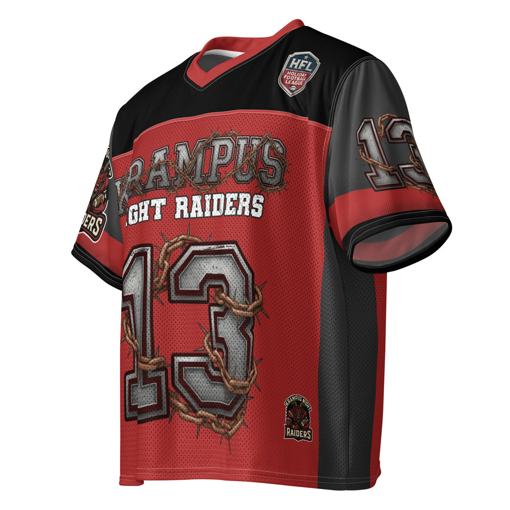 Back/detail view of Krampus Night Raiders “13” — Boxy Football Jersey (Holiday Football graphic jersey