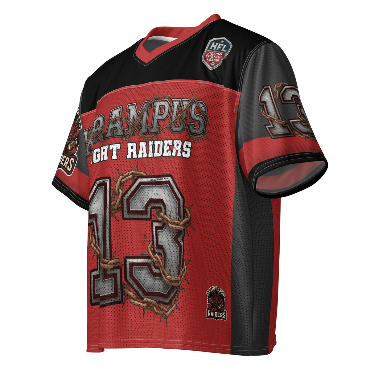 Back/detail view of Krampus Night Raiders “13” — Boxy Football Jersey (Holiday Football graphic jersey