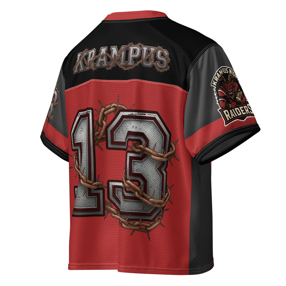 Back/detail view of Krampus Night Raiders “13” — Boxy Football Jersey (Holiday Football graphic jersey