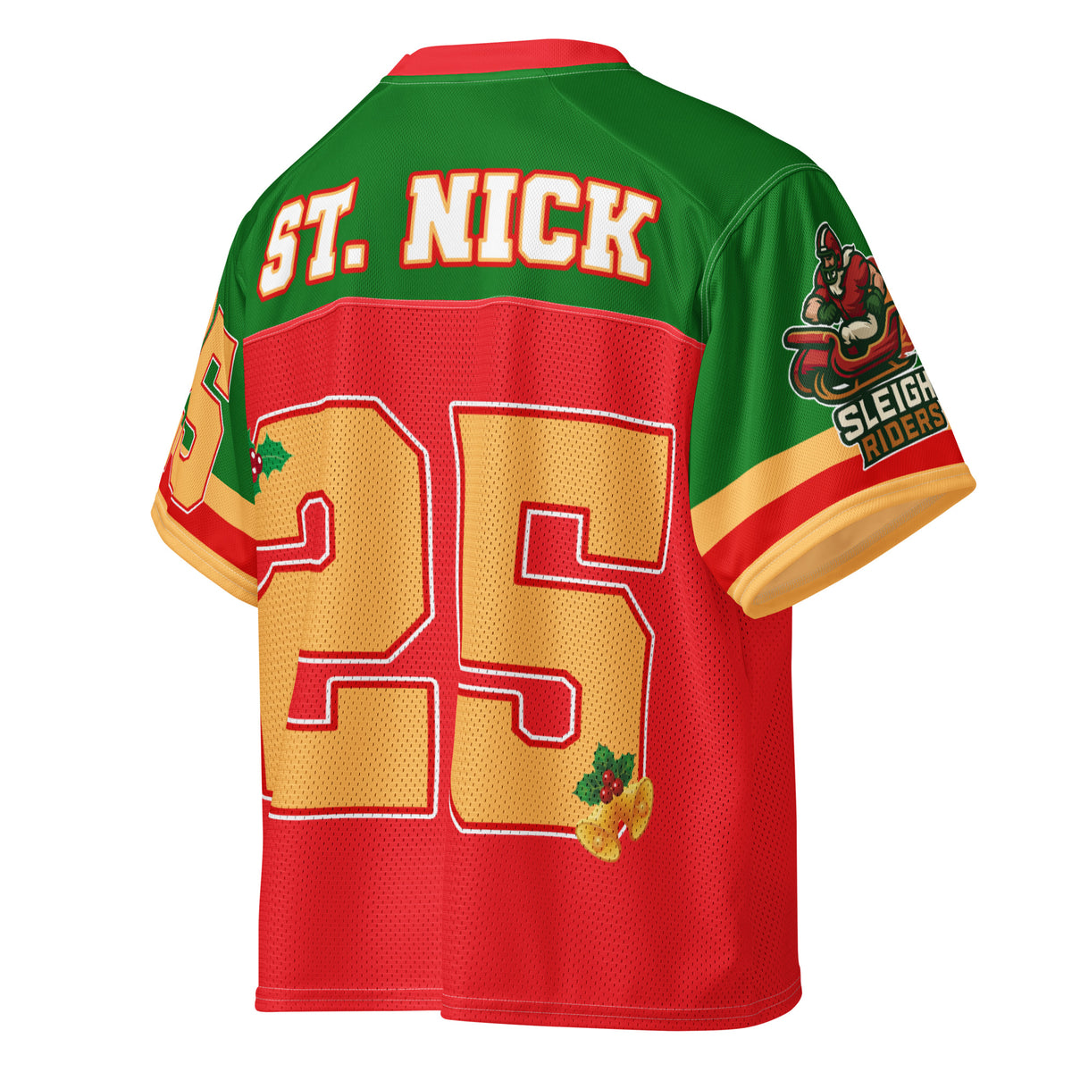 Back/detail view of Sleigh Riders “25 – ST. NICK” – Boxy Football Jersey (Street Sport graphic jersey