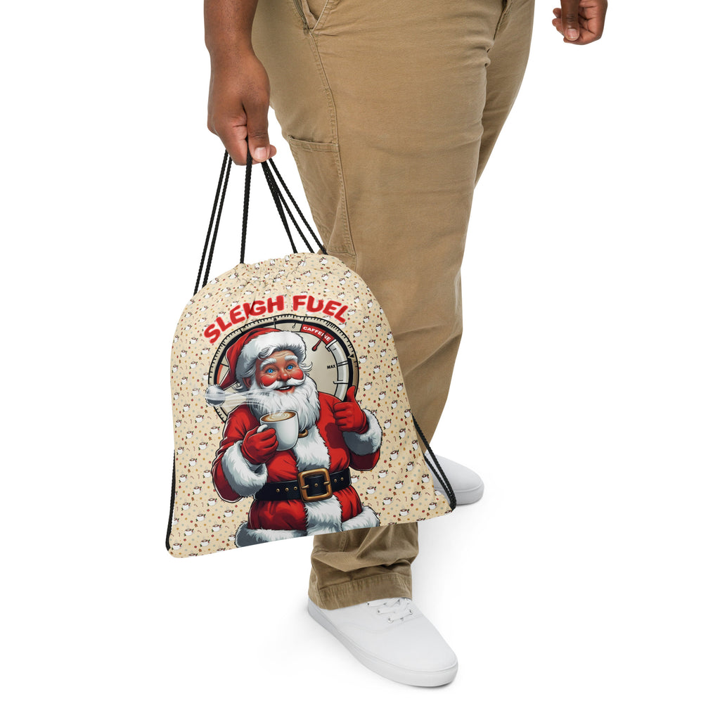 Back/detail view of Sleigh Fuel – All-Over Print Drawstring Bag (Santa Coffee Pattern bag