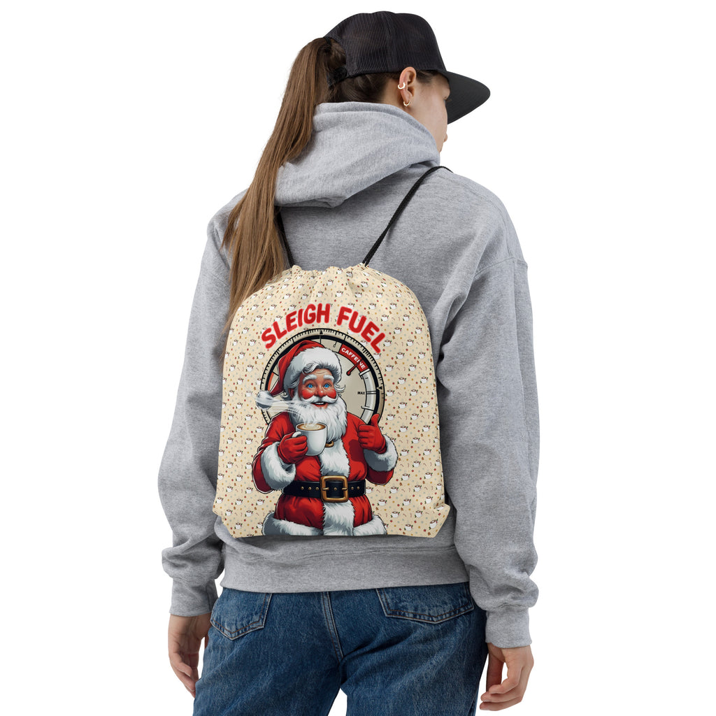 Back/detail view of Sleigh Fuel – All-Over Print Drawstring Bag (Santa Coffee Pattern bag
