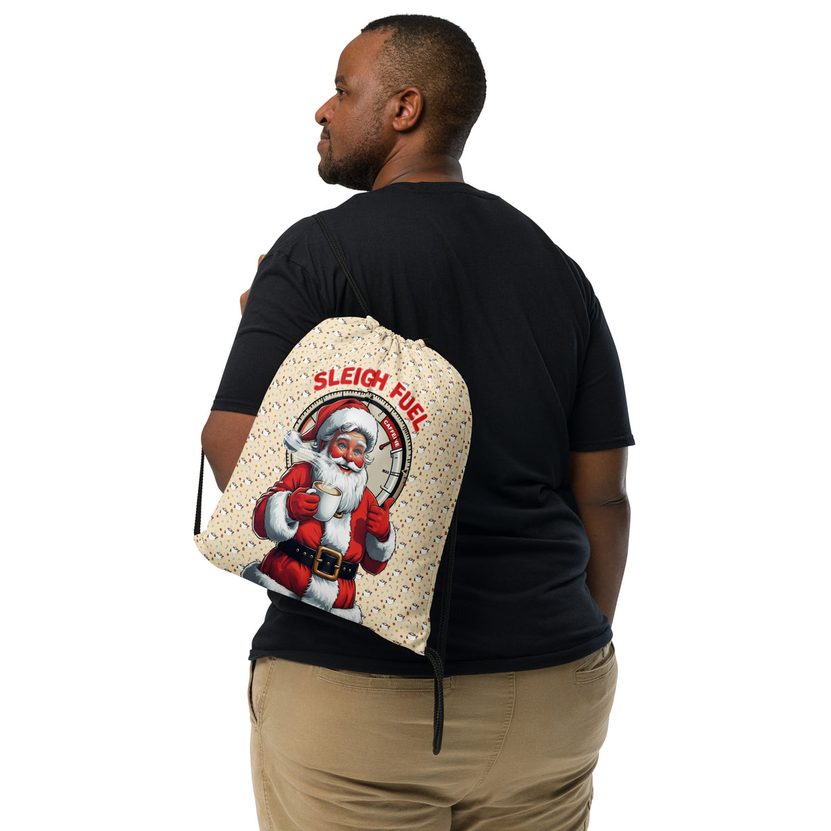 Back/detail view of Sleigh Fuel – All-Over Print Drawstring Bag (Santa Coffee Pattern bag