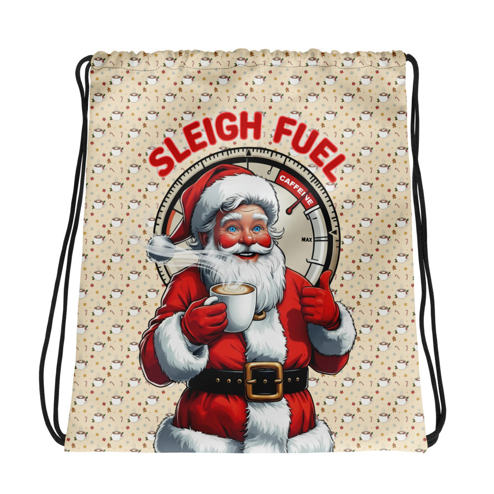 Front/product view of Sleigh Fuel – All-Over Print Drawstring Bag (Santa Coffee Pattern bag