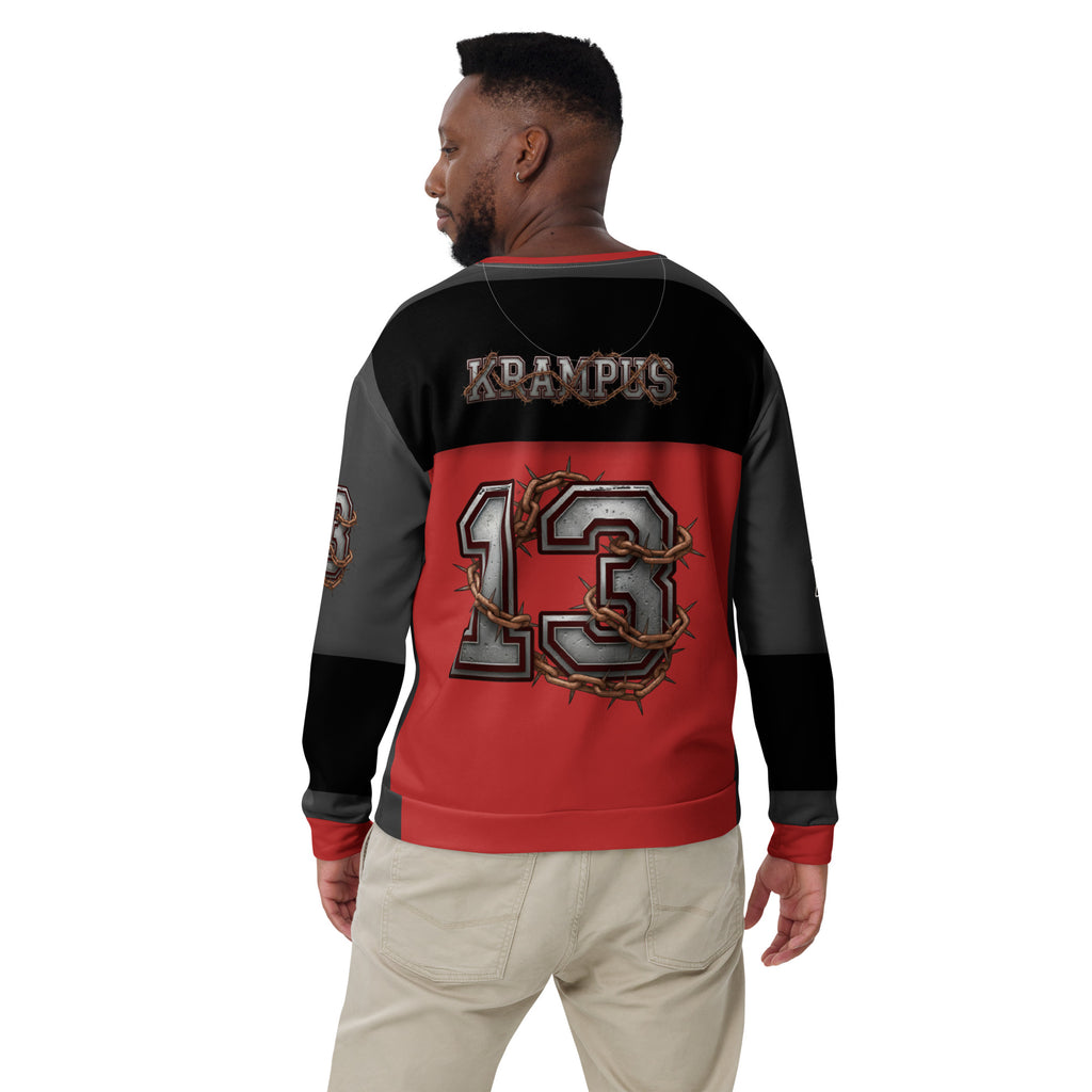 Back/detail view of Krampus Night Raiders “13” — Unisex Sweatshirt Football Jersey graphic sweatshirt