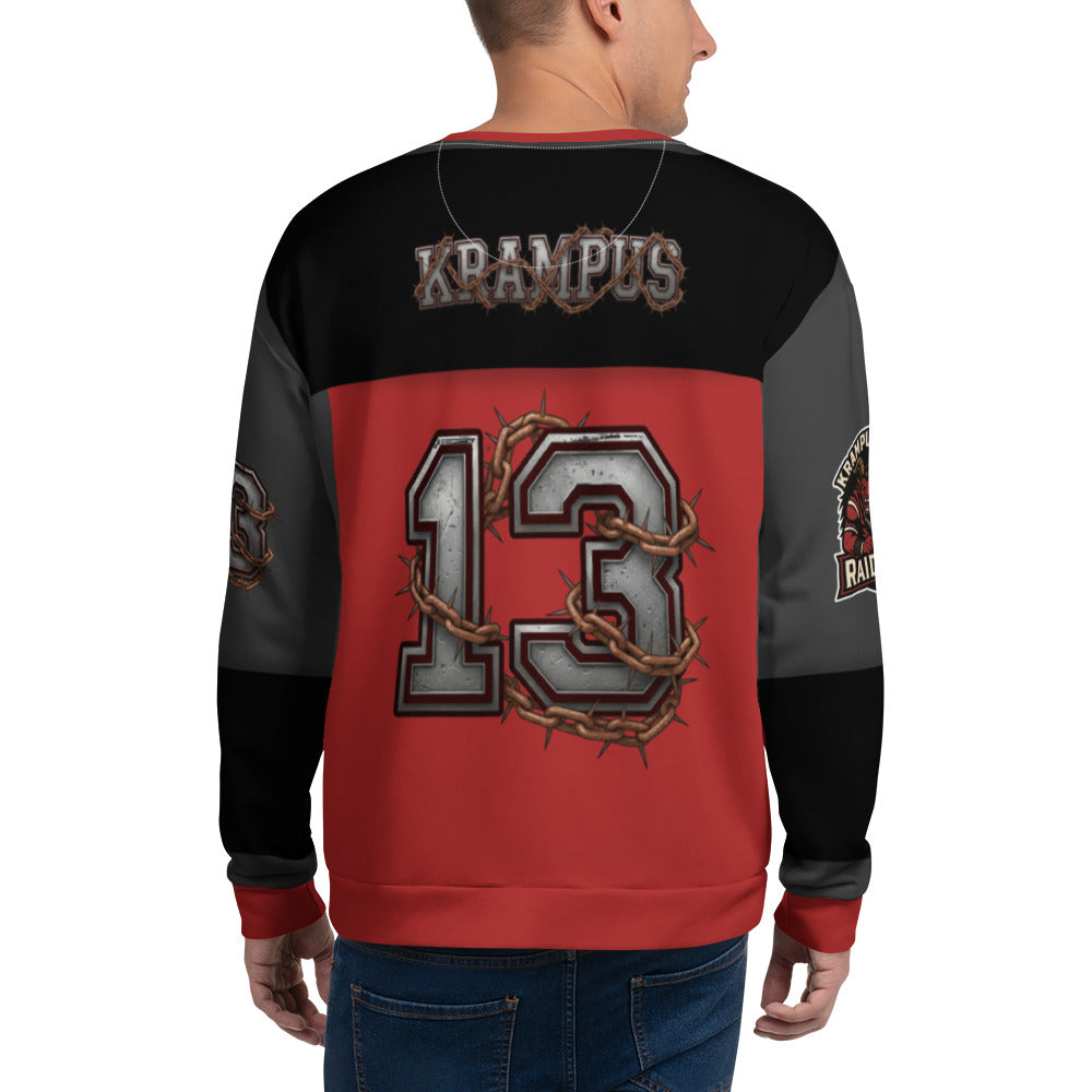 Back/detail view of Krampus Night Raiders “13” — Unisex Sweatshirt Football Jersey graphic sweatshirt