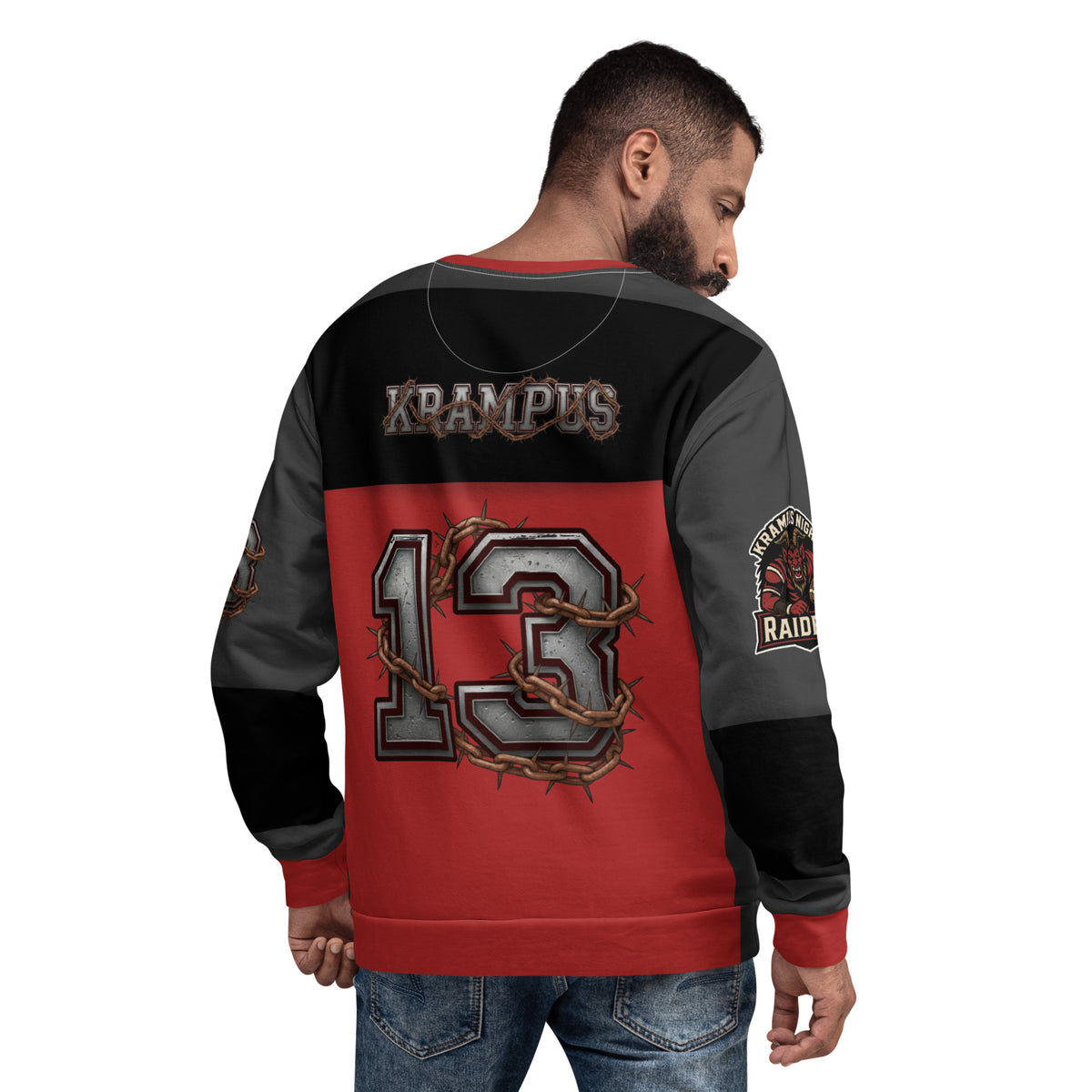 Back/detail view of Krampus Night Raiders “13” — Unisex Sweatshirt Football Jersey graphic sweatshirt